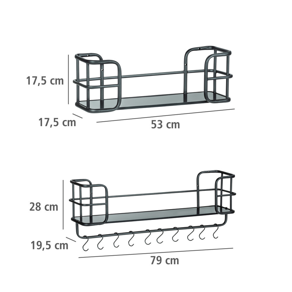 Etagère murale industrielle cuisine, noir, Lot de 2, avec barre de crédence et crochet de suspension, 79 x 28 x 19,5 cm et 53 x 17,5 x 17,5 cm  Ensemble de 2 étagères murales