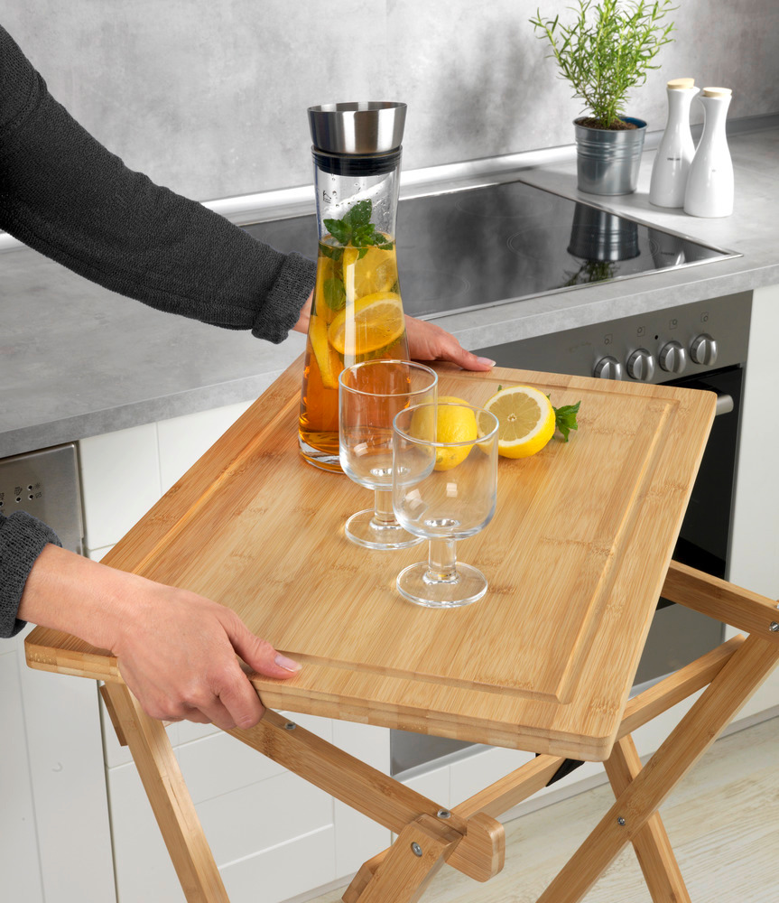 Table d'appoint bois pliable, 2en1 avec plateau amovible, planche à découper, bambou, Lugo  avec plateau