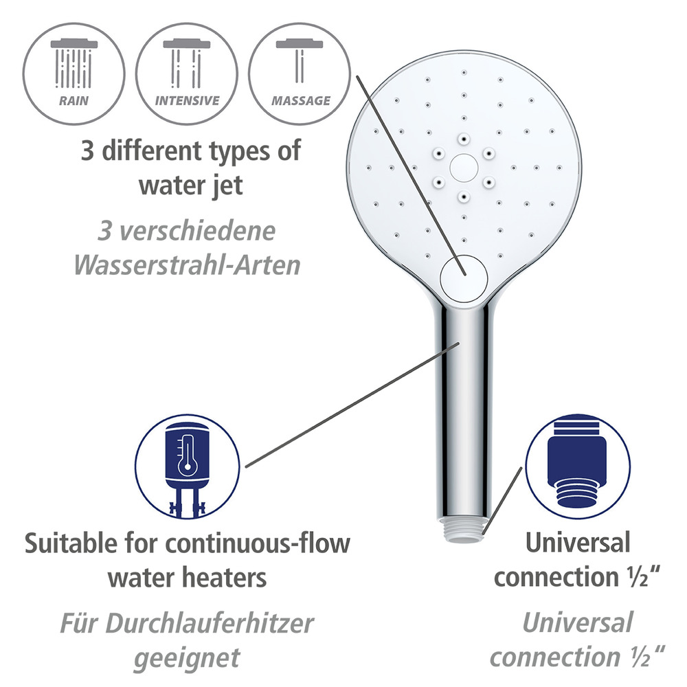 Pommeau de douche anticalcaire, ø12 cm, finition chromée, embout universel 1/2", nettoyage automatique  ø12 cm