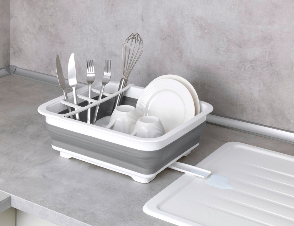 Égouttoir à vaisselle pliable blanc/gris  avec porte-couverts et support d'assiettes