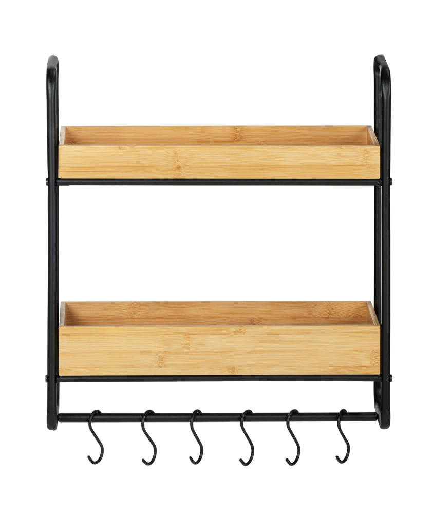 Etagère murale industrielle Loft, étagère murale bois acier noir, 2 plateaux avec crochet de suspension cuisine,   Etagere salle de bain murale avec crochet porte servietteBois et acier noir