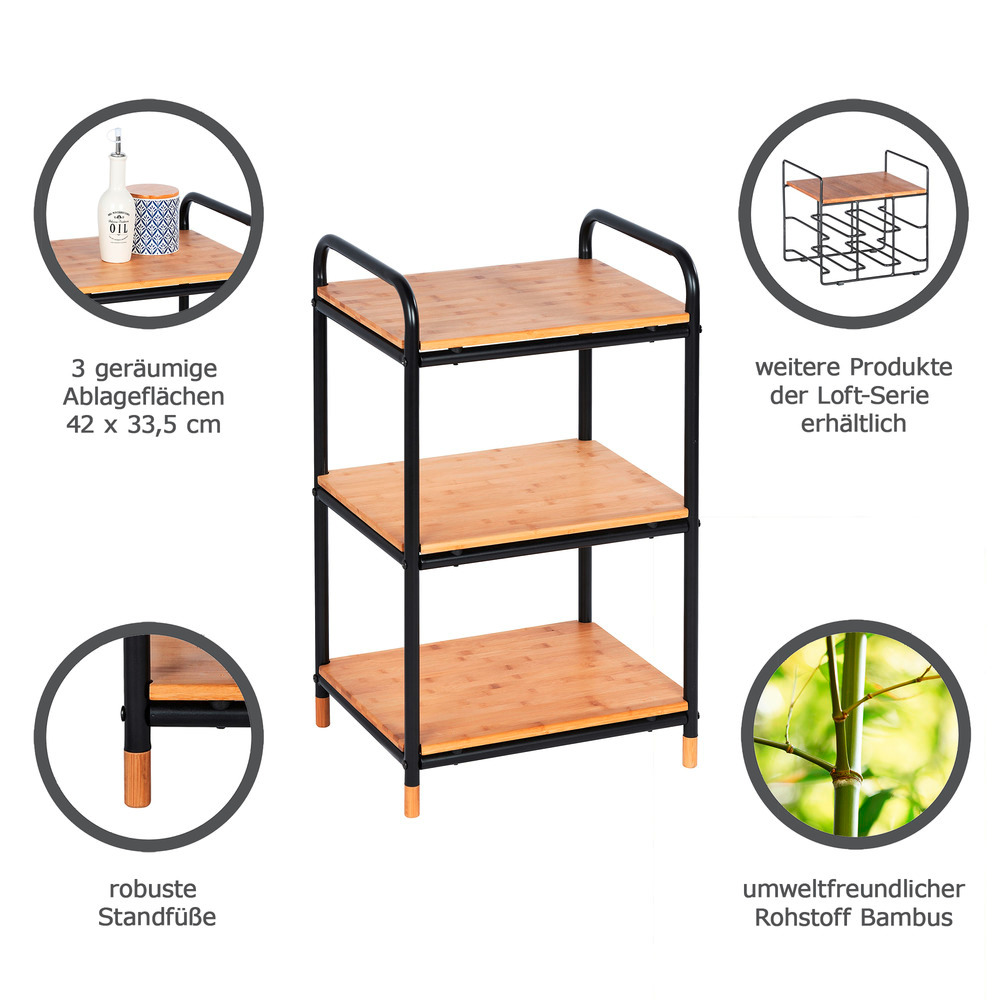 Etagere rangement cuisine Loft, étagère bois et métal noir 3 niveaux, 42x69x33,5 cm  étagère bambou, 3 niveaux