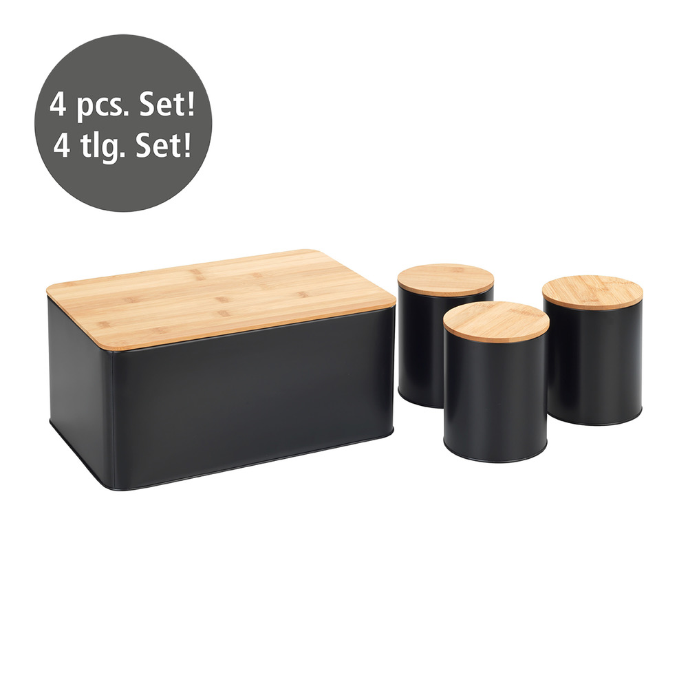 Lot de 4 rangements cuisine, boîte à pain avec planche à découper et 3 boites de conservation avec couvercle en bambou, noir, 32x21x5 cm  Noir, avec couvercle en bambou