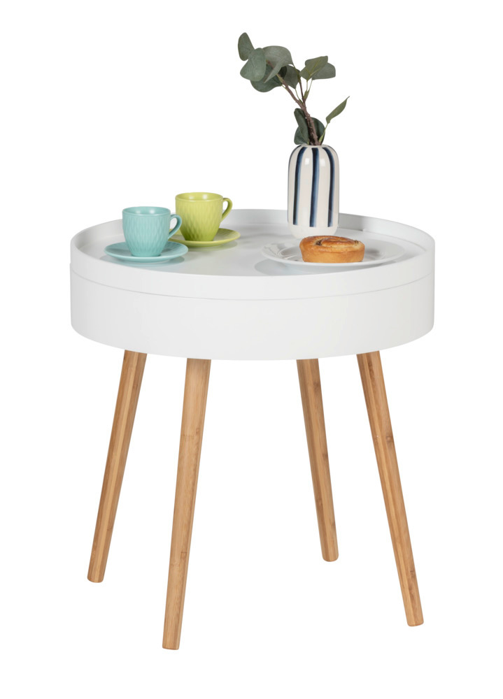 Table d'appoint ronde avec rangement Finja, bout de canapé rond avec tiroir, pied bambou style scandinave,   Table dappoint scandinave avec rangement,Table de nuit dans une chambre, bout de canapé