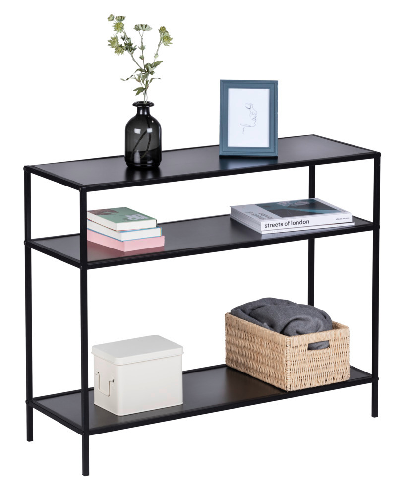 Console meuble industriel, console métal noir et MDF, 3 plateaux, L100xH80xL35 cm  Table d'appoint