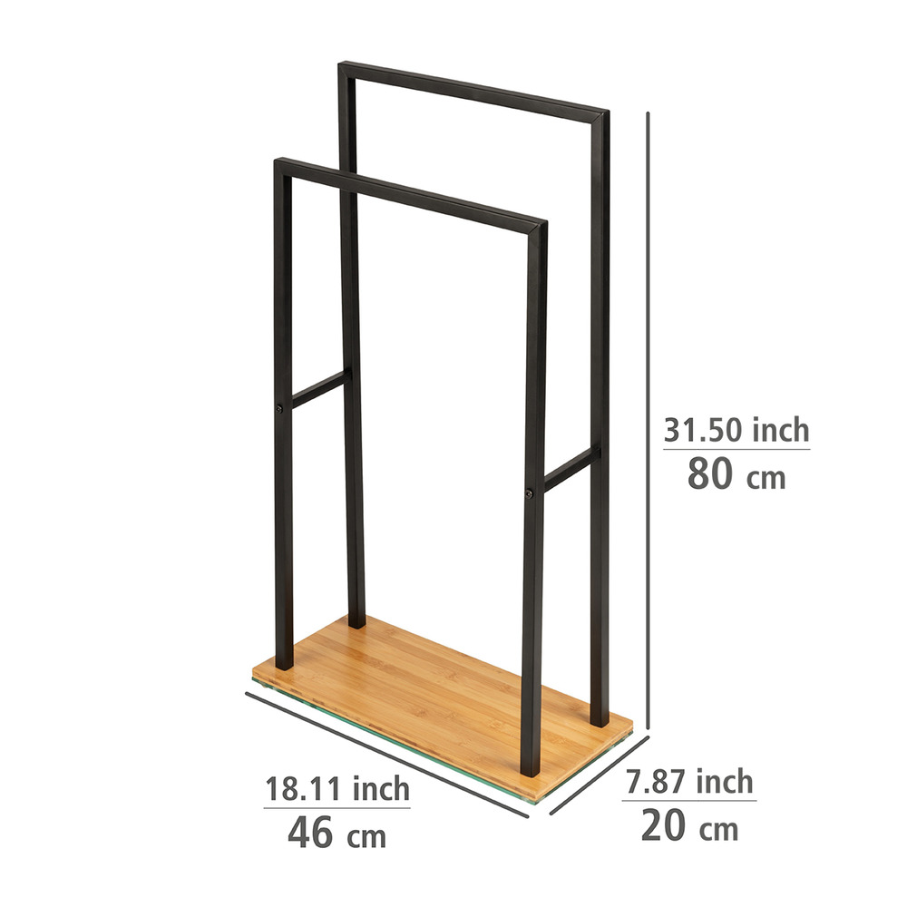 Porte Serviette sur pied acier noir et base bois lestée en bambou, 2 portants, 46x20x80 cm  en Bambou