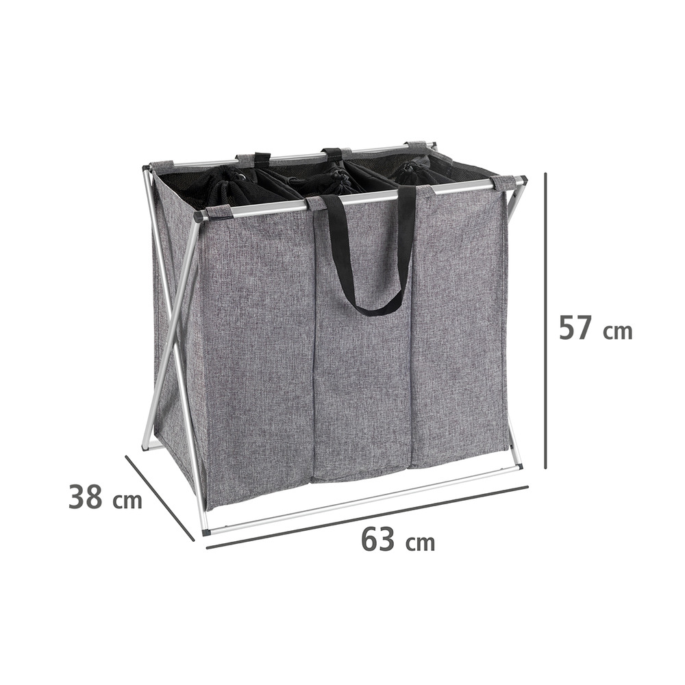 Panier à linge Trio gris chiné  corbeille à linge, 130 l, 3 compartiments