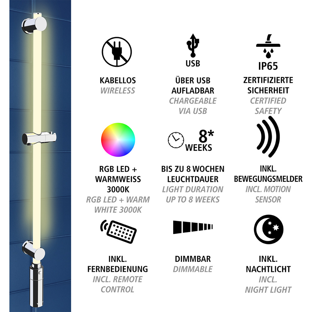 Barre de douche à LED 94 cm 12 couleurs RVB  barre de douche éclairée