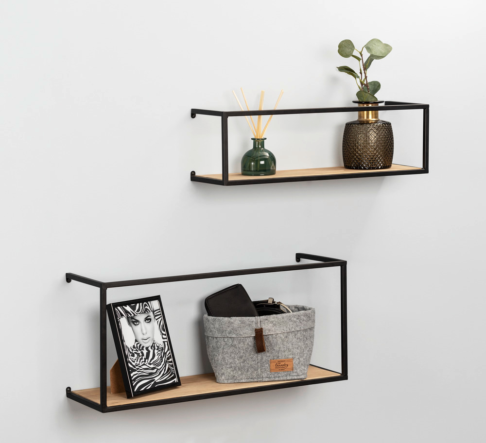 Etagère murale bois et acier noir, étagère murale industrielle, Lot de 2, 55x25x20 cm et 55x16x15 cm  2 étagères murales de différentes tailles