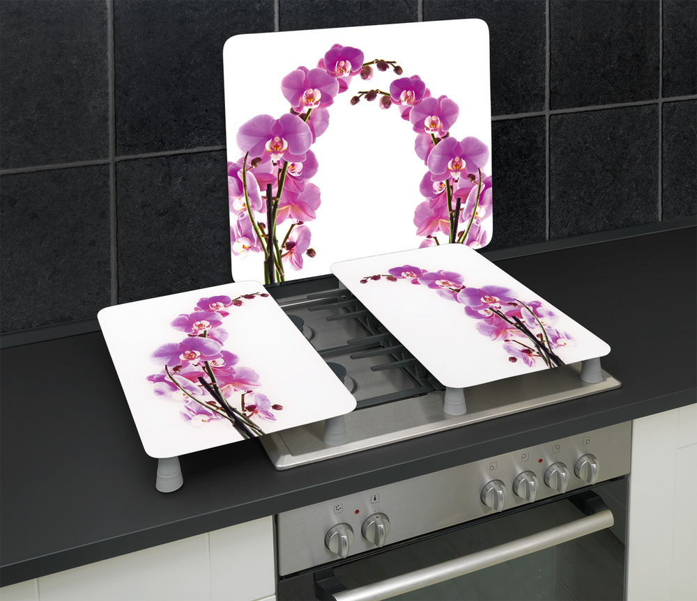 Protection Plaque de Cuisson en verre"Orchidées", lot de 2  pour tous les types de feux