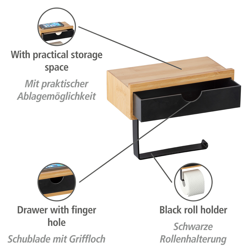 Porte papier toilette bois, avec support smartphone, et tiroir pratique de rangement, Bambusa  en Bambou