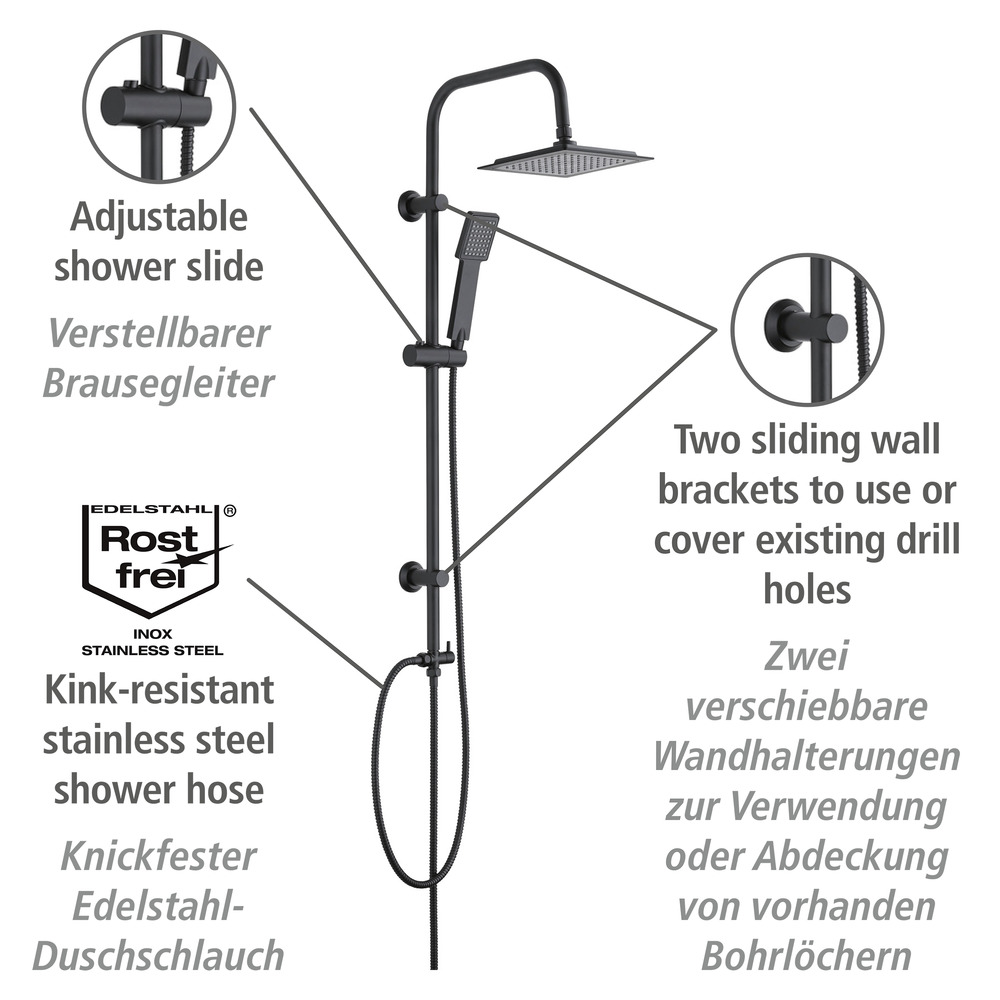 Système de douche Cuadro Noir  avec douche effet pluie et douchette à main