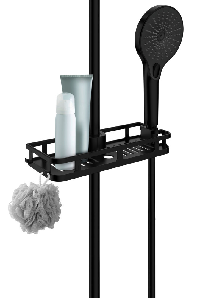 Tablette de douche Libertà Noir mat  avec crochet et support de pommeau de douche