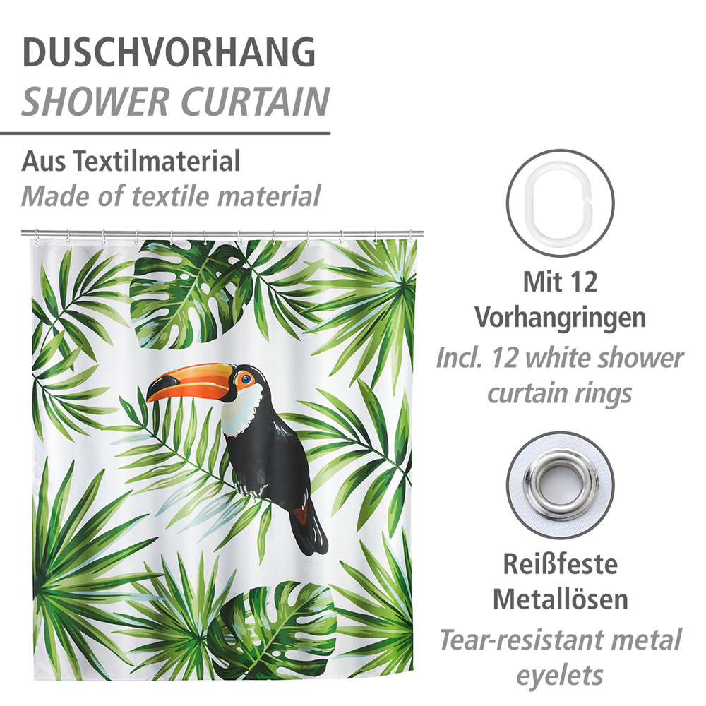 Rideau de douche Tucan  polyester, 180 x 200 cm, lavable