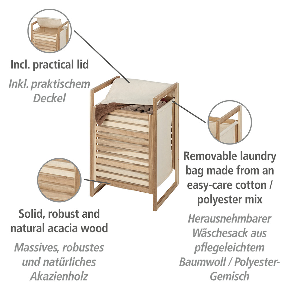 Coffre Linge bois, Panier à linge bois avec sac à linge sale amovible, 40L, Bois FSC, Acina, 40x60x35 cm  Panier à linge avec couvercle et sac à linge sale amovible