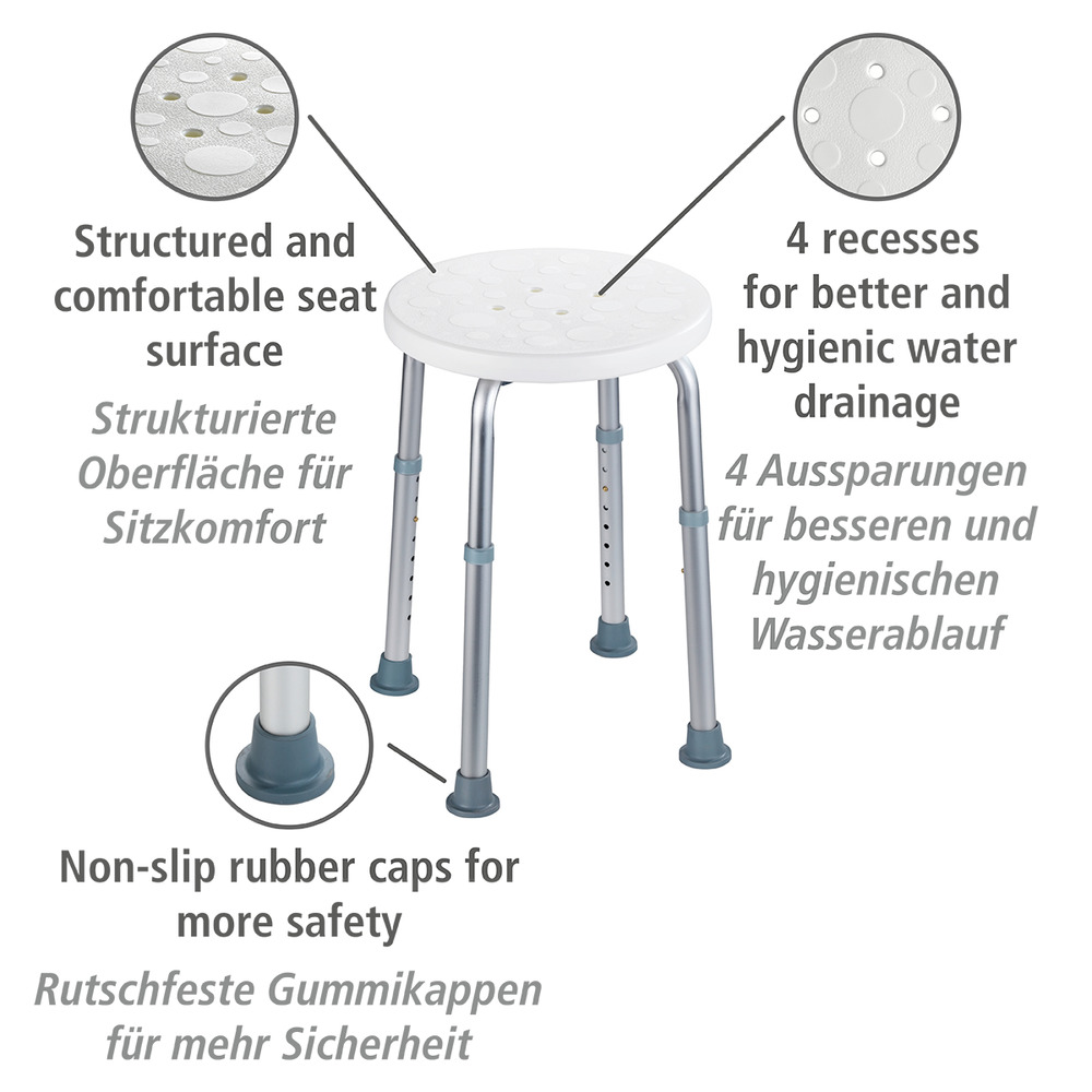 Tabouret de douche, réglable en hauteur  aluminium, plastique