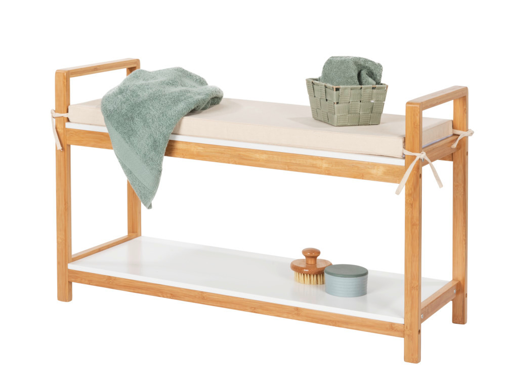 Banc d'entrée avec rangement chaussure et plateforme avec coussin, Bois, Finja, 90x55x34 cm  en bambou/MDF