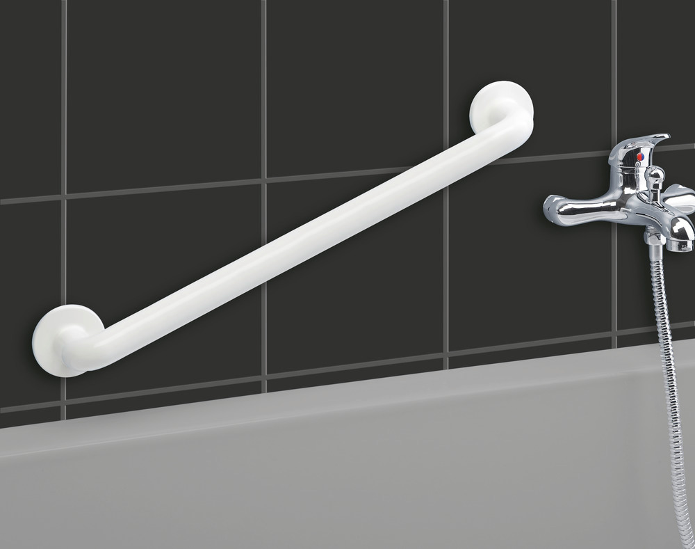 Poignée de sécurité murale Secura 64 cm, barre d'appui salle de bain et WC, fixation sans perçage, aluminium, 64,5x7x8 cm, Blanc  aluminium, 64,5 cm