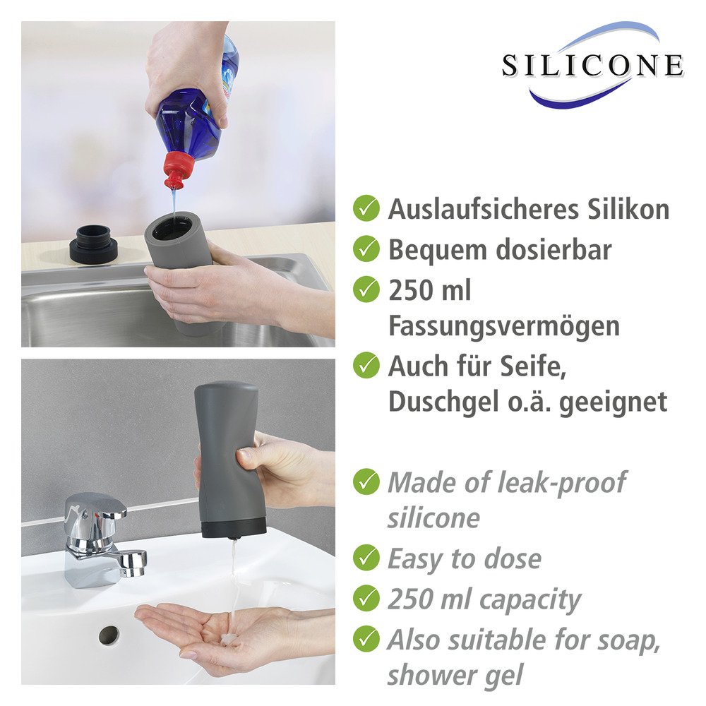 Distributeur de liquide pour vaisselle Easy Squeez-e gris  en silicone anti-fuite