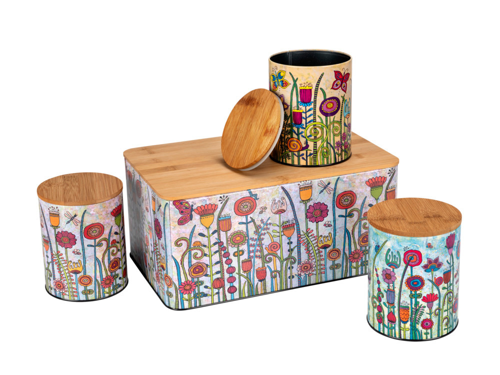 Lot de 4 rangements cuisine Garden, boite à pain et 3 boites de conservation avec couvercle en bambou,  Fibre de bambou, Multicolore