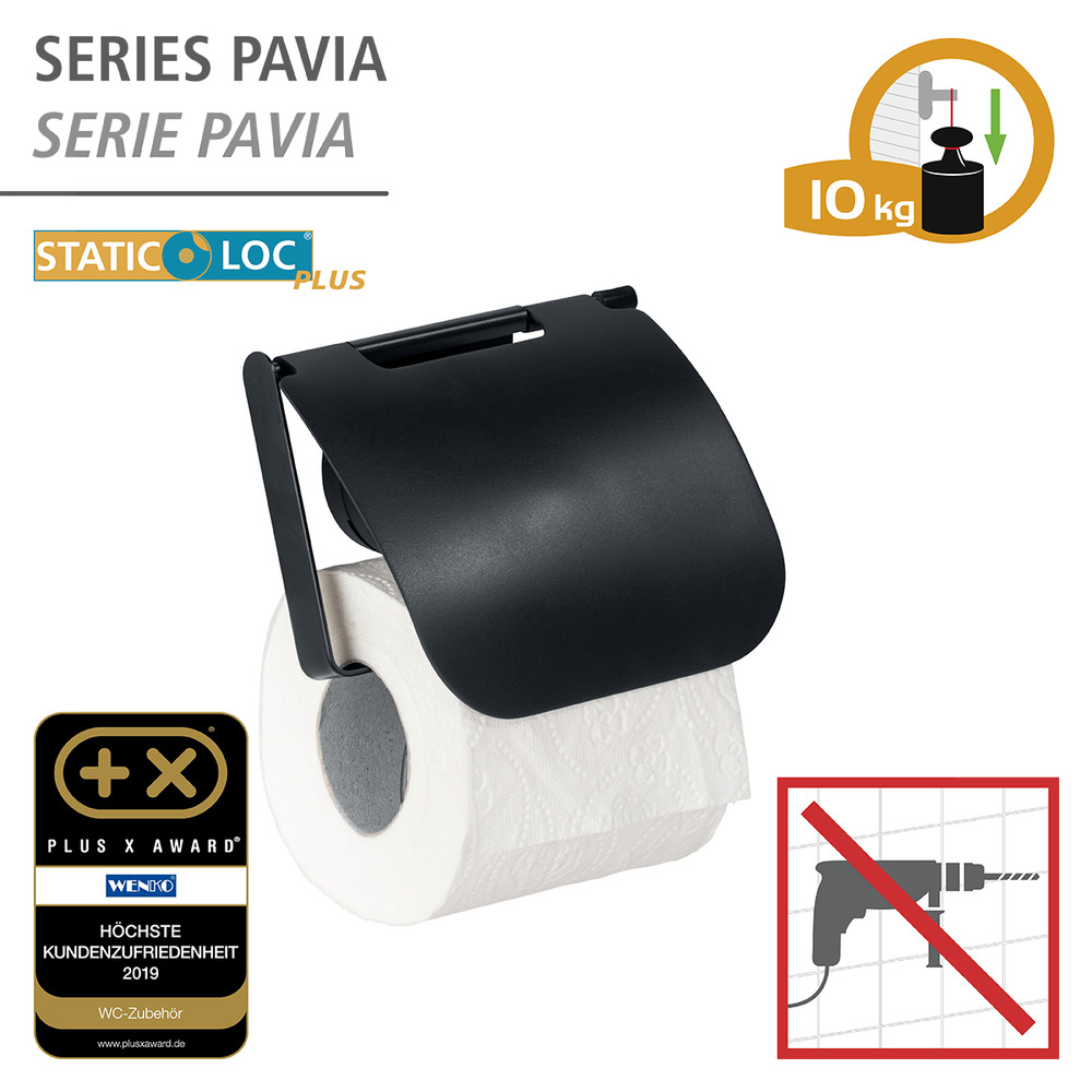 Porte Papier Toilette mural noir avec couvercle, solution sans perçage, innovation "Static Loc Plus", Pavia  solution sans perçage, innovation "Static Loc Plus"