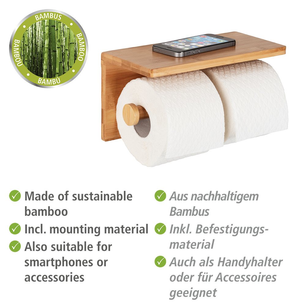 Porte papier toilette bois, avec support smartphone, capacité de rangement 2 rouleaux, Bambusa  en Bambou