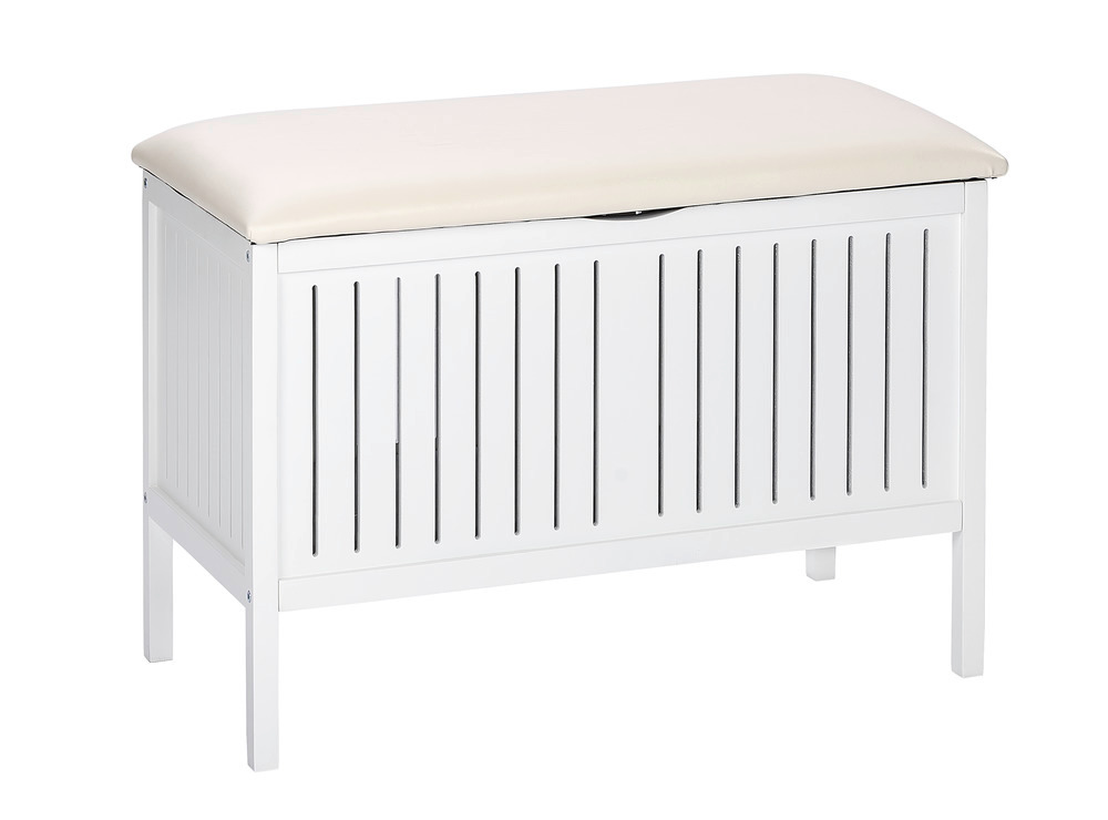 Banc salle de bain Oslo, banc panier à linge bois, blanc laqué, 78 x 55 x 39 cm  tabouret de salle de bain, bois véritable massif