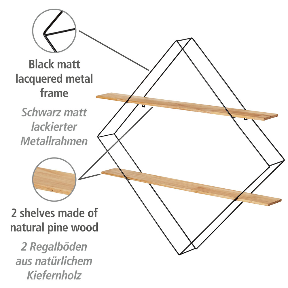 Etagère murale industrielle, étagère murale bois géométrique, 56x56x10 cm, Bois/Acier noir  Etagère murale avec 2 étagères