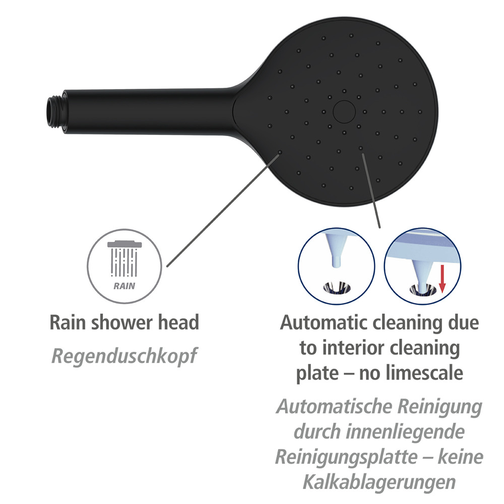 Pommeau de douche anticalcaire, ø12 cm, finition noir mat, embout universel 1/2", nettoyage automatique  ø12 cm