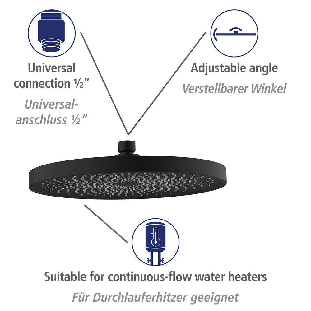 Pommeau de douche italienne, tête de douche effet pluie, ø26 cm, finition noir mat, softwater  ø26 cm