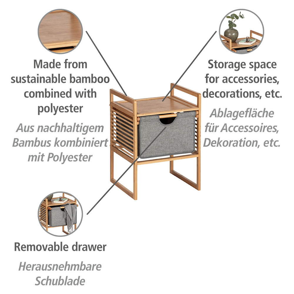 Table de nuit bois, bout de canapé bois, avec tiroir en tissu, Bois Bambou, Bahari,   en bambou