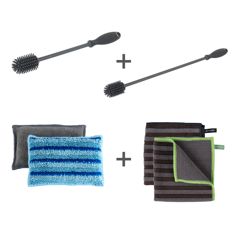 Kit de rinçage 6 pièces - 2 chiffons microfibres Miko, 2 éponges à vaisselle Miko, 1 brosse à vaisselle en silicone, 1 brosse à bouteille en silicone  