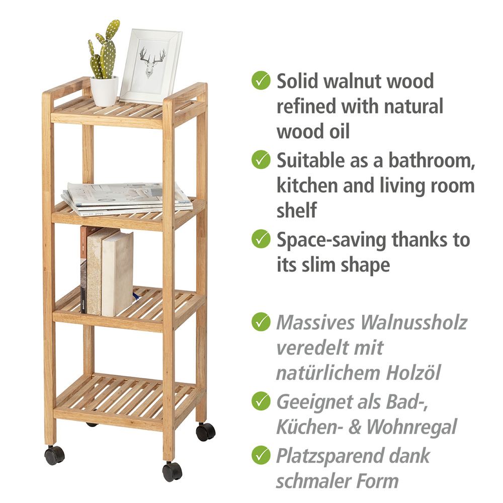 Etagère à roulettes 4 niveaux, bois Noyer, Norway,  35x97x31 cm  en noyer massif