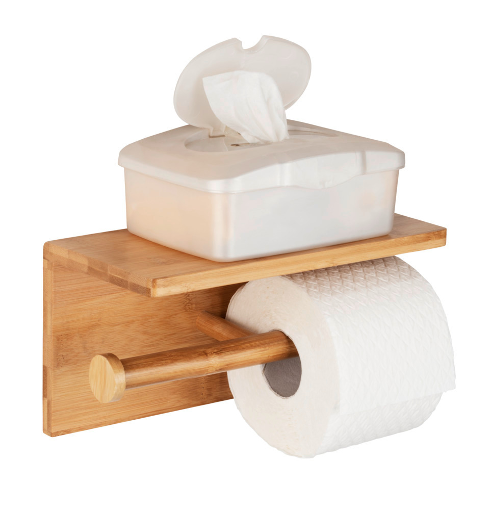 Porte papier toilette bois, avec support smartphone, capacité de rangement 2 rouleaux, Bambusa  en Bambou