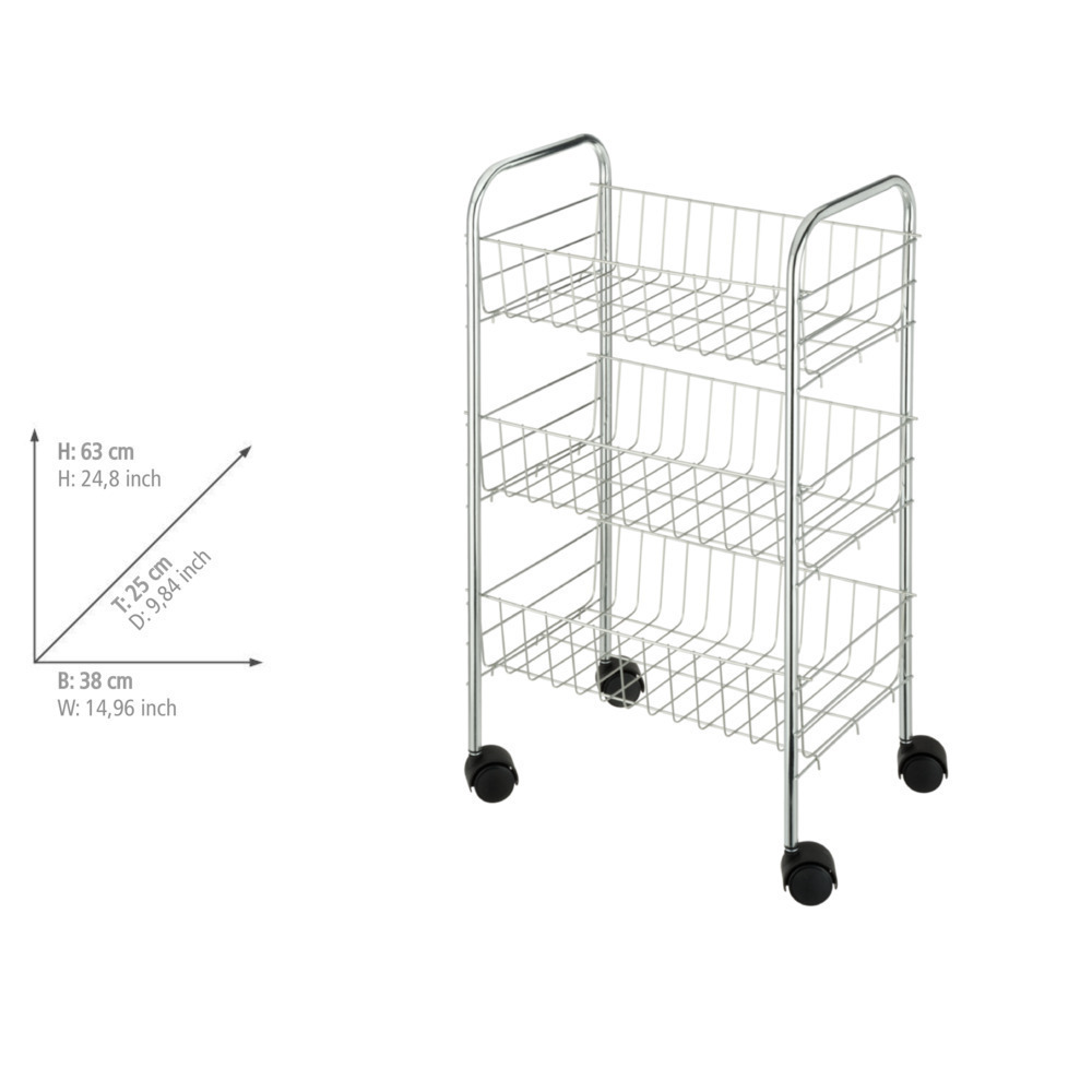 Desserte cuisine, chariot de rangement à roulettes, pour fruits et légumes, produits d'entretien, Florence chromée  3 étagères, mobile