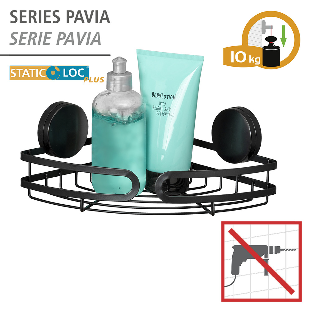 Etagère d'angle salle de bain, solution sans perçage, innovation "Static Loc Plus", Pavia, Noir  solution sans perçage, innovation "Static Loc Plus"