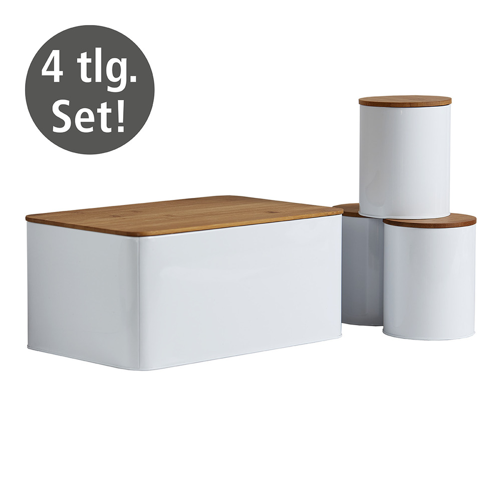 Lot de 4 rangements cuisine, boite à pain avec planche à découper et 3 boites de conservation avec couvercle en bambou, blanc, 32x21x5 cm  Blanc, avec couvercle en bambou