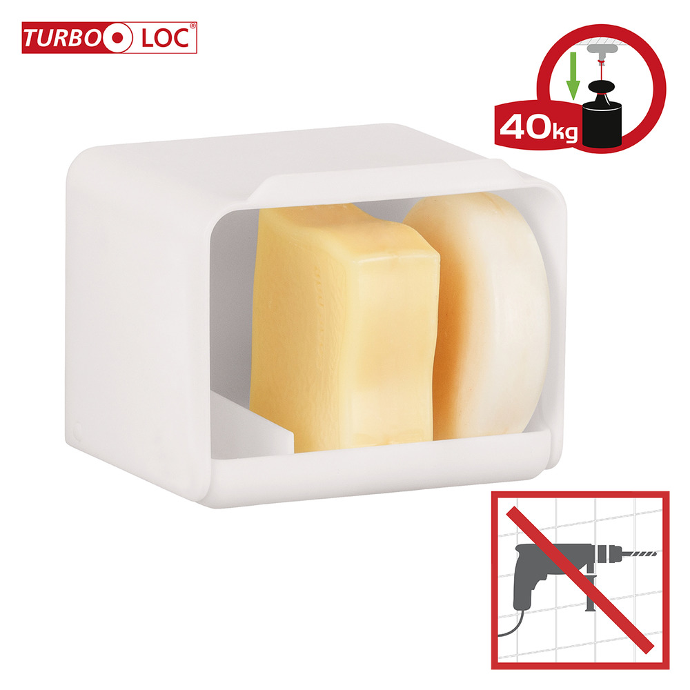 Porte Savon mural sans perçage, solution "turbo loc", Sarno, Blanc, 10,5x8,5x9 cm  en plastique robuste 