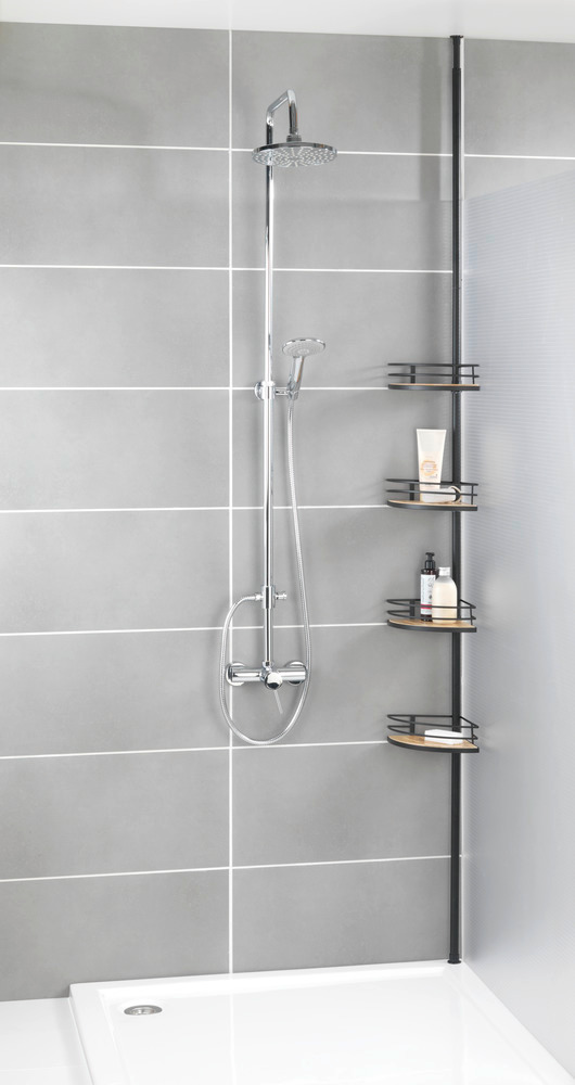 Etagère d'angle de douche, étagère salle de bain telescopique, acier noir et étagère en bois bambou, Dolcedo  inoxydable, étagère de douche