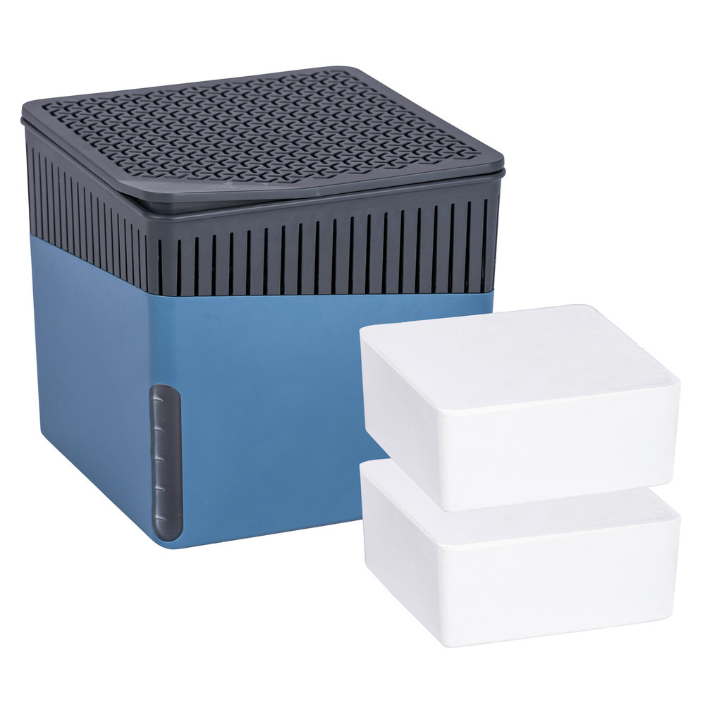 Déshumidificateur d'intérieur Mod. Cube Bleu 1000 g & Recharge  pour des pièces jusqu'à 80 m³ environ