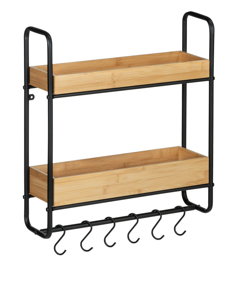 Etagère murale industrielle Loft, étagère murale bois acier noir, 2 plateaux avec crochet de suspension cuisine,   Etagere salle de bain murale avec crochet porte servietteBois et acier noir