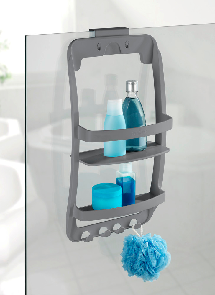 Etagère de douche à suspendre à la paroi de douche ou à fixer au mur, fixation inclus, en plastique résistant, anthracite  Serviteur de douche à suspendre à la paroi de douche