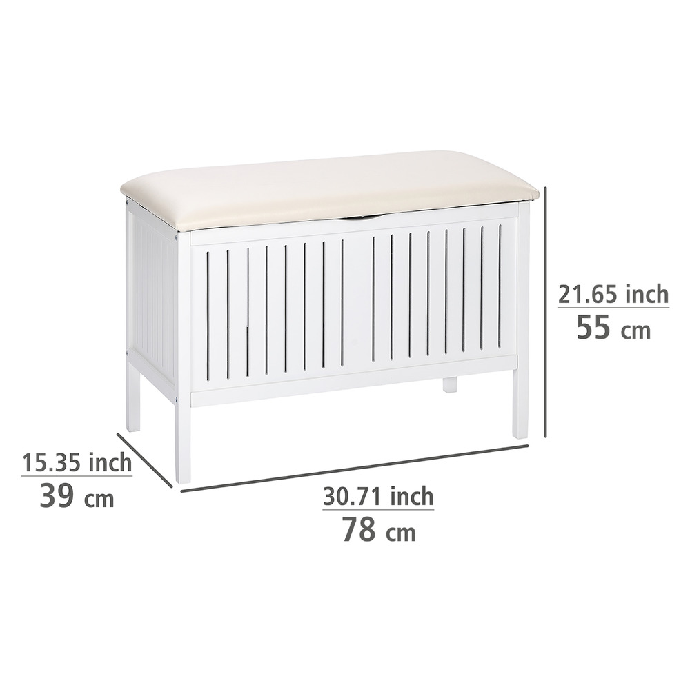 Banc salle de bain Oslo, banc panier à linge bois, blanc laqué, 78 x 55 x 39 cm  tabouret de salle de bain, bois véritable massif