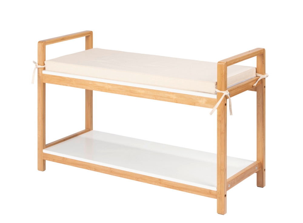 Banc d'entrée avec rangement chaussure et plateforme avec coussin, Bois, Finja, 90x55x34 cm  en bambou/MDF