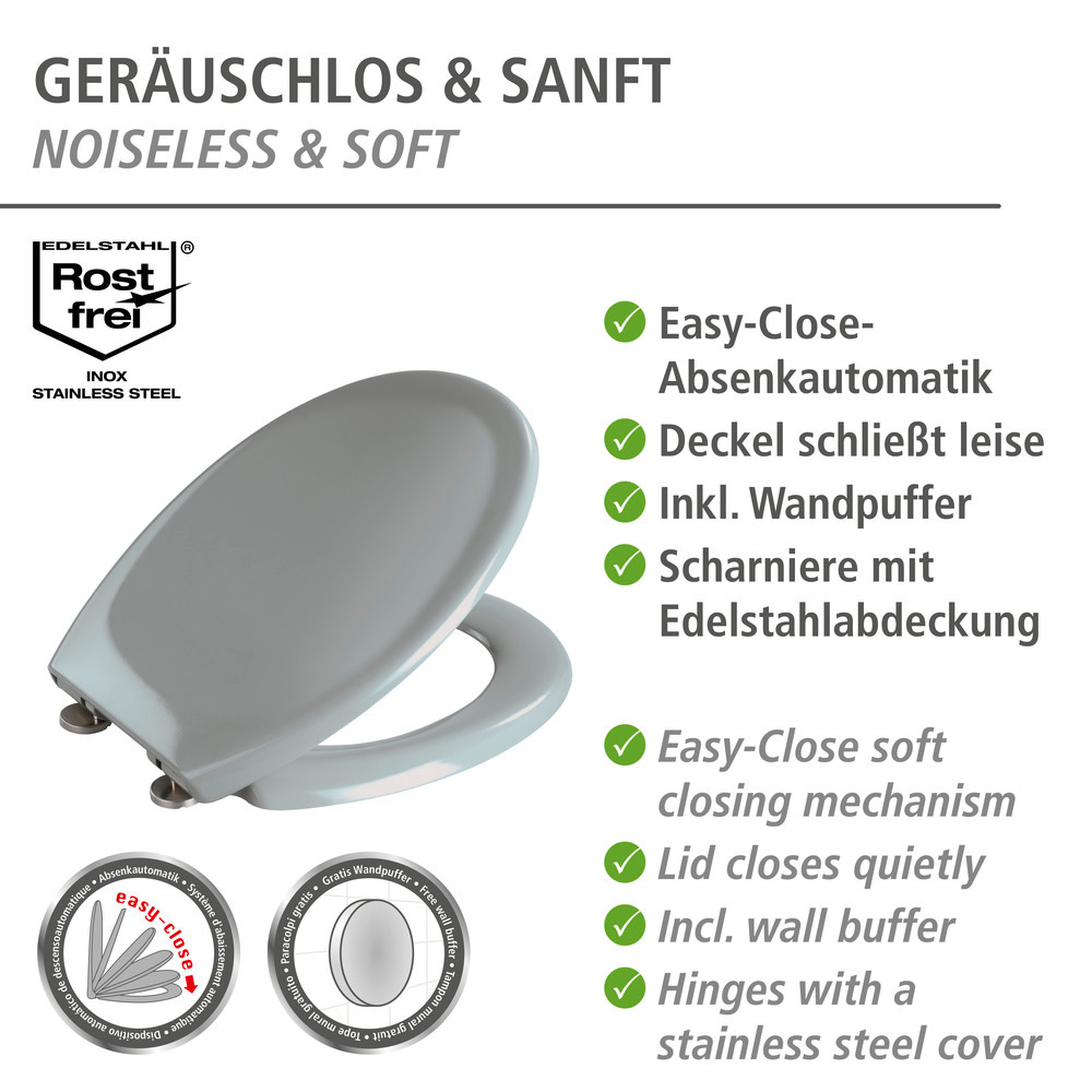 Abattant WC Premium Ottana Light gris Easy-Close  abaissement automatique, fixation Fix-Clip hygiénique en acier inox, antibactérien