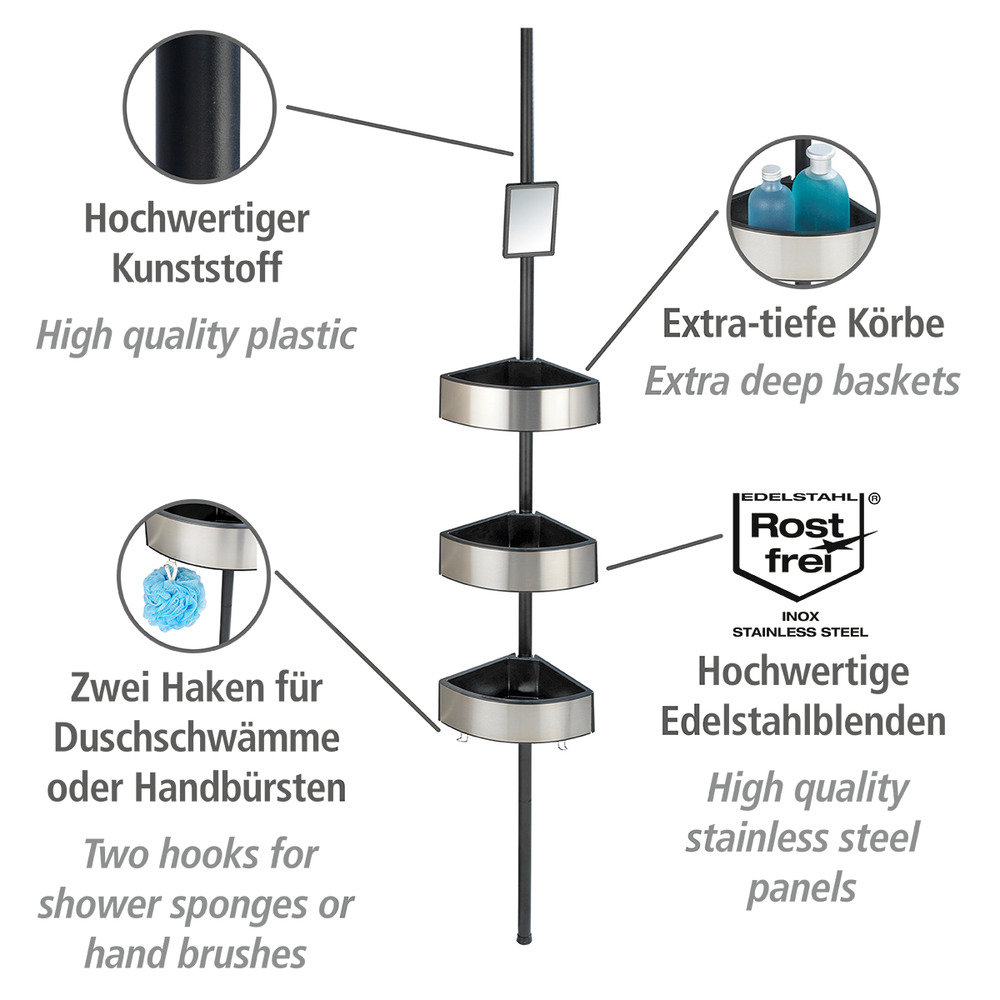 Étagère angle douche télescopique, sans perçage, Premium, Acier noir  Acier inoxydable