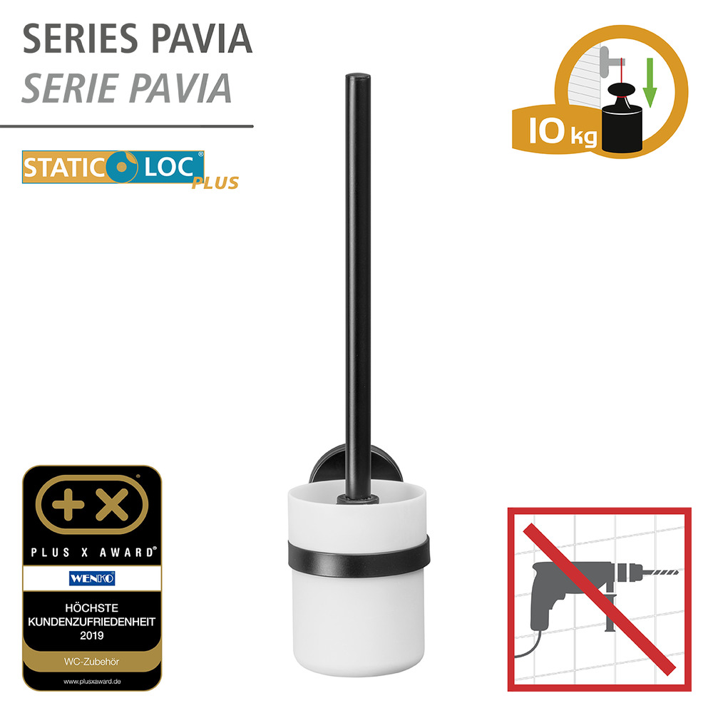 Brosse WC Suspendue murale, brosse wc noir, solution sans perçage, innovation "Static Loc Plus", Pavia  solution sans perçage, innovation "Static Loc Plus"