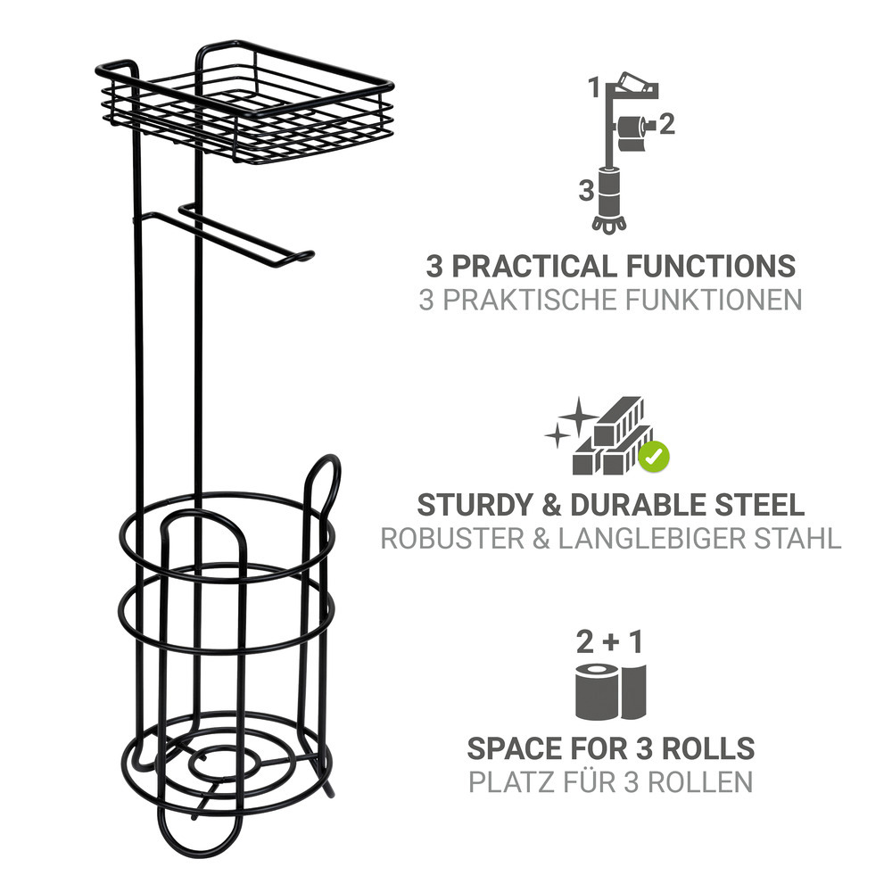 Support de papier toilette avec tablette et porte-rouleau de rechange en noir  avec tablette