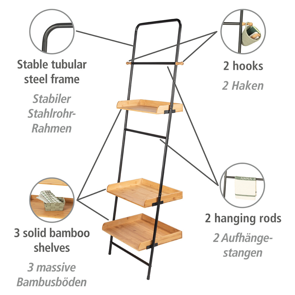 Etagère à poser contre un mur, 3 plateaux de rangement et barre de suspension, Loft, Acier noir et bois, 56x180x40 cm  Meuble étagère en Bambou