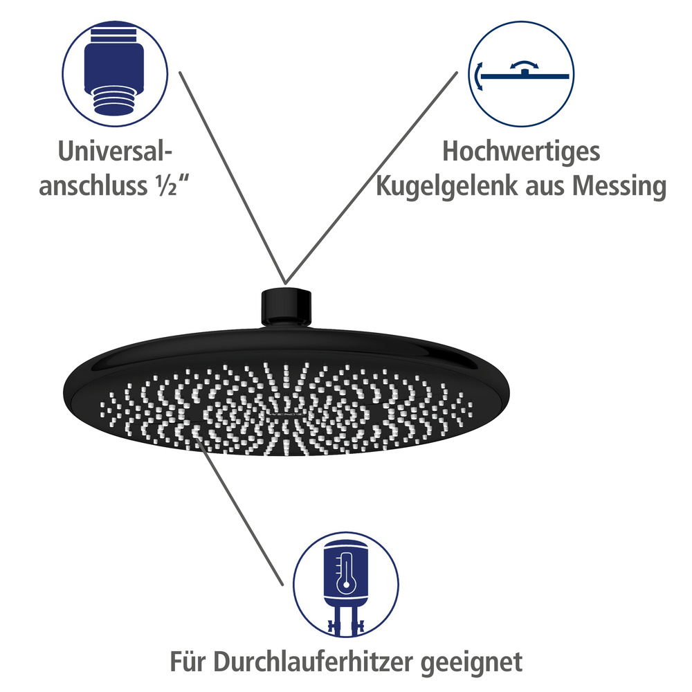 Pommeau de douche italienne, tête de douche effet pluie, 40% économie d'eau, ø225 mm, finition noir mat  Ø 22,5 cm